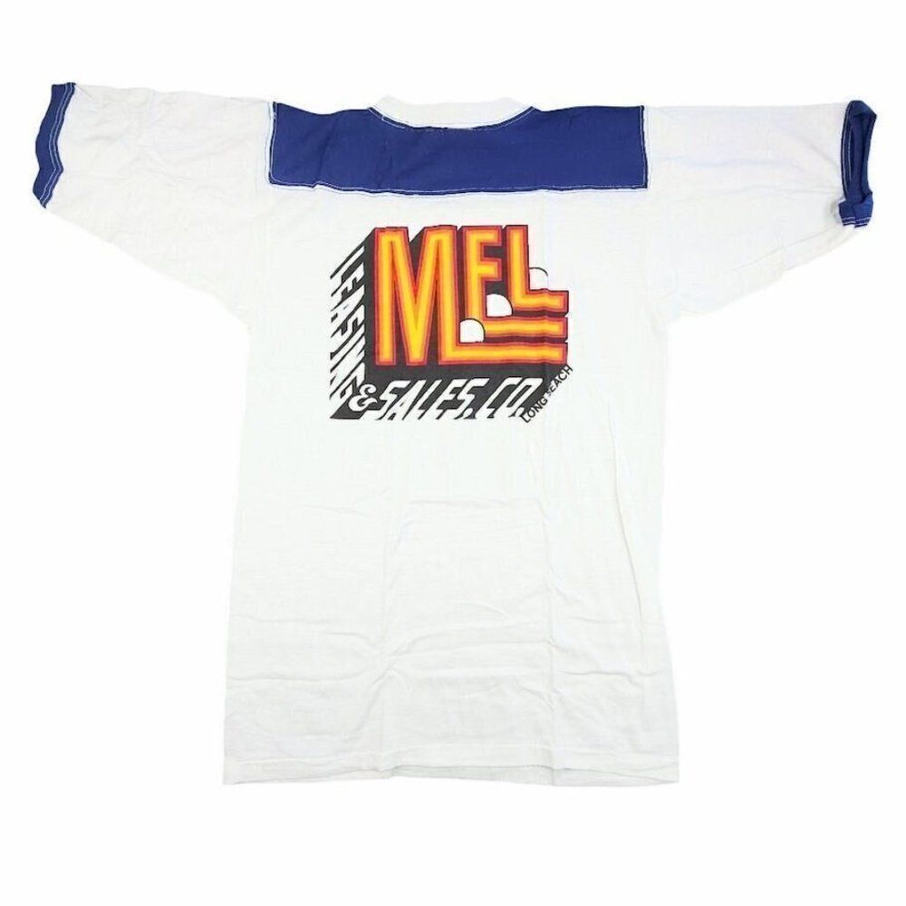 Vintage MEL Long Beach T Shirt Mens Size XL Blue 80s Ringer Tee Made In USA New